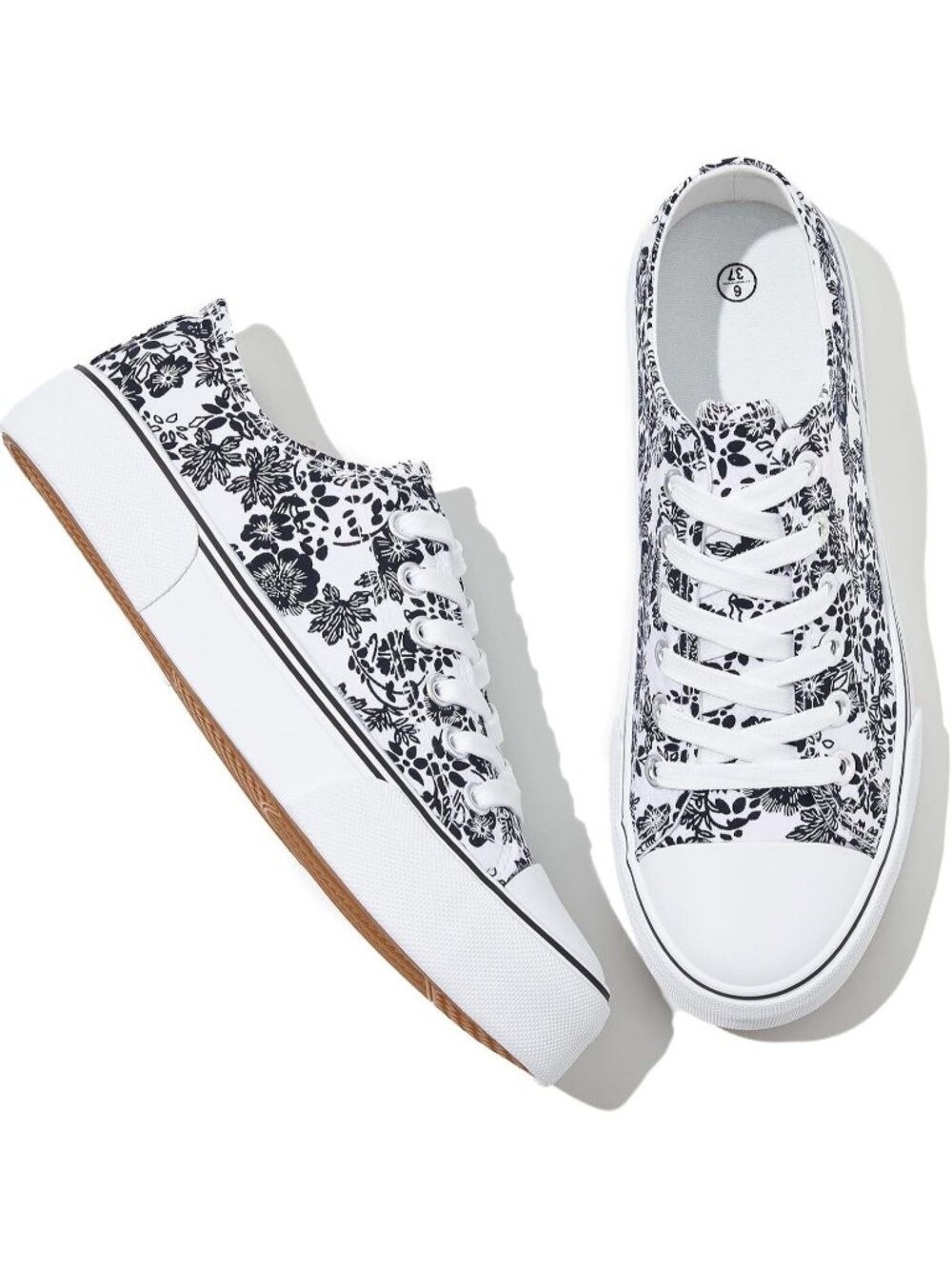 Women's Beige Flower Flat Lace Up Comfortable Solid Casual Round Low Top Sneaker